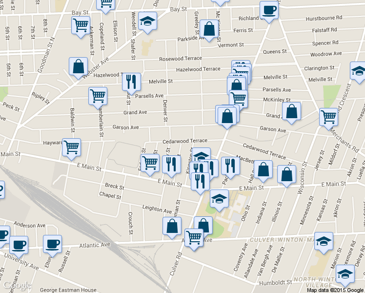 map of restaurants, bars, coffee shops, grocery stores, and more near 233 Cedarwood Terrace in Rochester
