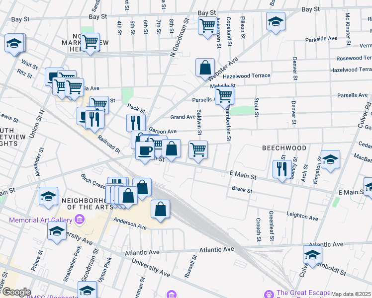 map of restaurants, bars, coffee shops, grocery stores, and more near 14 Laura Street in Rochester
