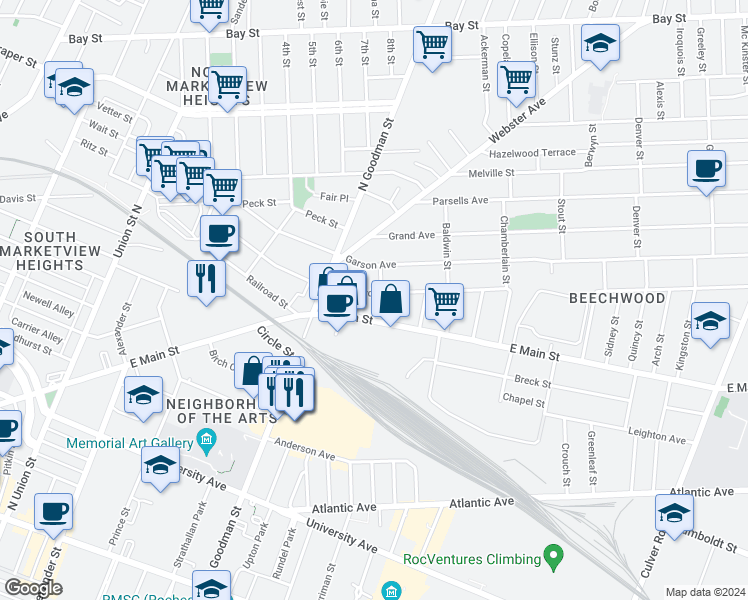 map of restaurants, bars, coffee shops, grocery stores, and more near 355 Hayward Avenue in Rochester