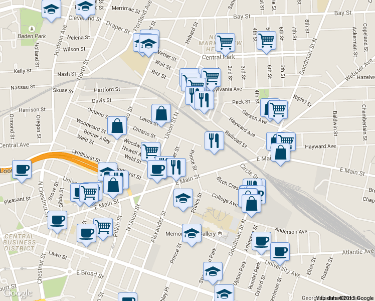 map of restaurants, bars, coffee shops, grocery stores, and more near 93 Prince Street in Rochester