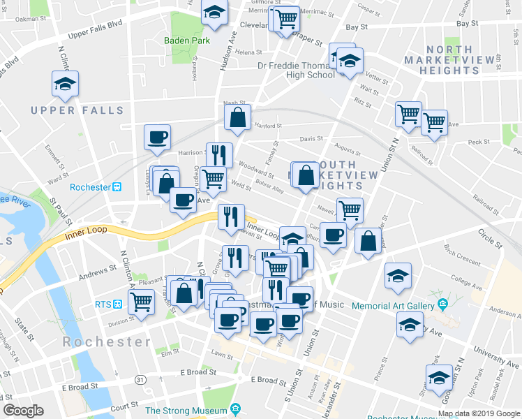 map of restaurants, bars, coffee shops, grocery stores, and more near 90 Lyndhurst Street in Rochester