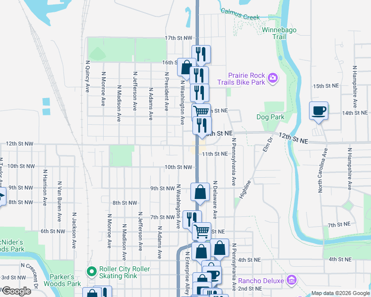 map of restaurants, bars, coffee shops, grocery stores, and more near 1108 North Washington Avenue in Mason City