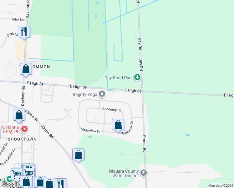 map of restaurants, bars, coffee shops, grocery stores, and more near 6852 East High Street in Lockport