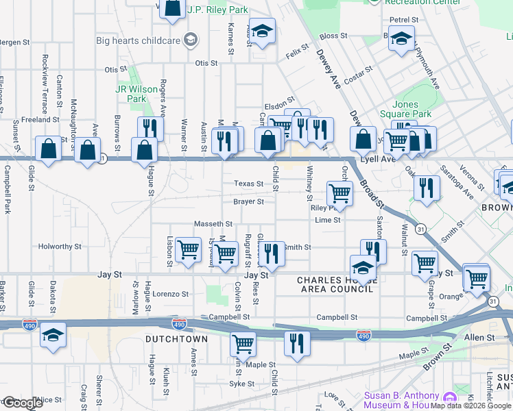 map of restaurants, bars, coffee shops, grocery stores, and more near 41 Brayer Street in Rochester
