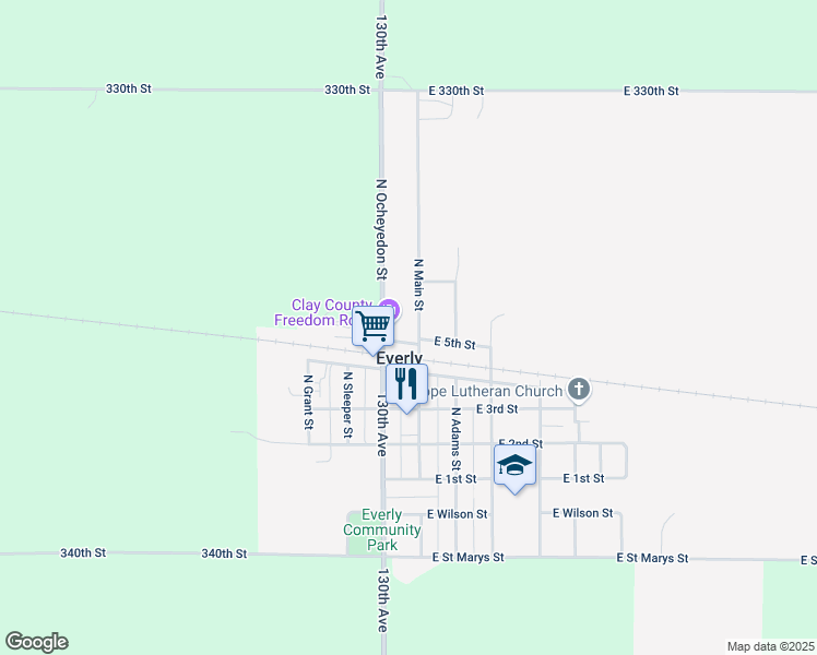 map of restaurants, bars, coffee shops, grocery stores, and more near 501 North Main Street in Everly