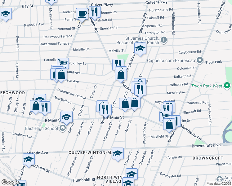 map of restaurants, bars, coffee shops, grocery stores, and more near 119 Jersey Street in Rochester