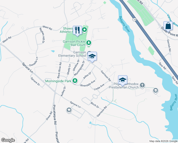 map of restaurants, bars, coffee shops, grocery stores, and more near 7 Arbor Drive in Dover