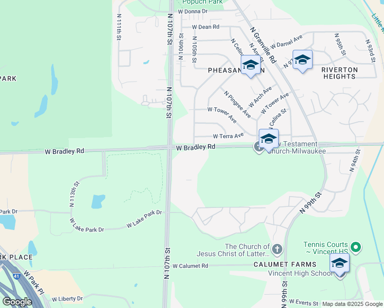map of restaurants, bars, coffee shops, grocery stores, and more near 10519 West Bradley Road in Milwaukee