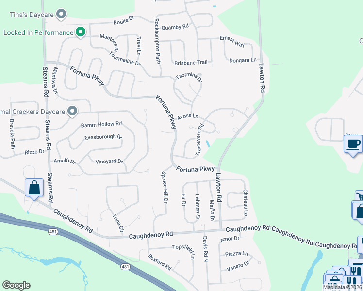 map of restaurants, bars, coffee shops, grocery stores, and more near 8096 Weblank Way in Clay