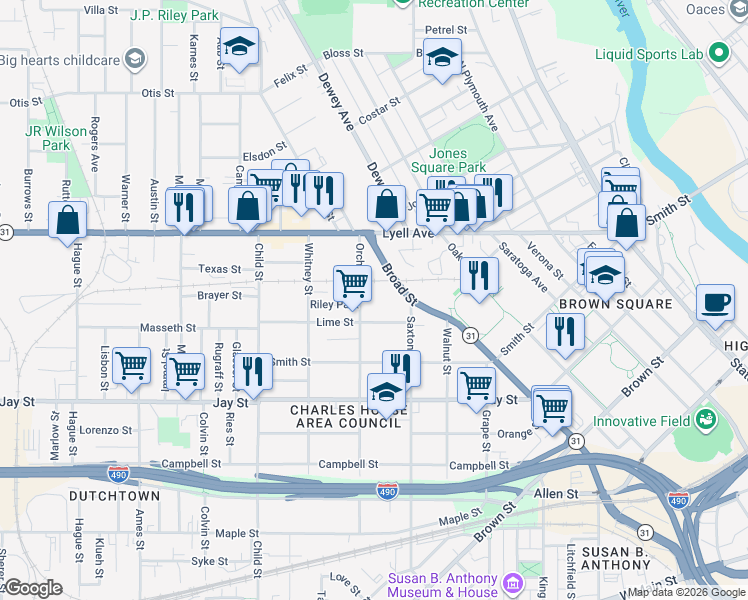 map of restaurants, bars, coffee shops, grocery stores, and more near 350 Orchard Street in Rochester