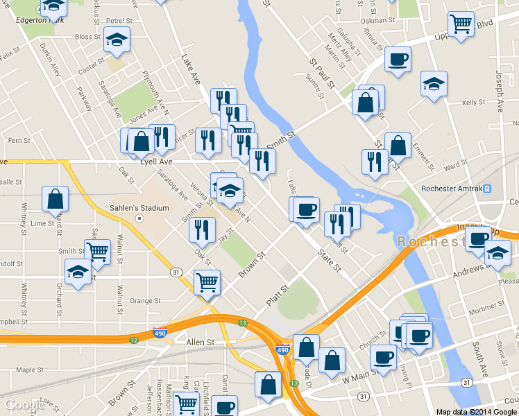 map of restaurants, bars, coffee shops, grocery stores, and more near 29 Jay Street in Rochester