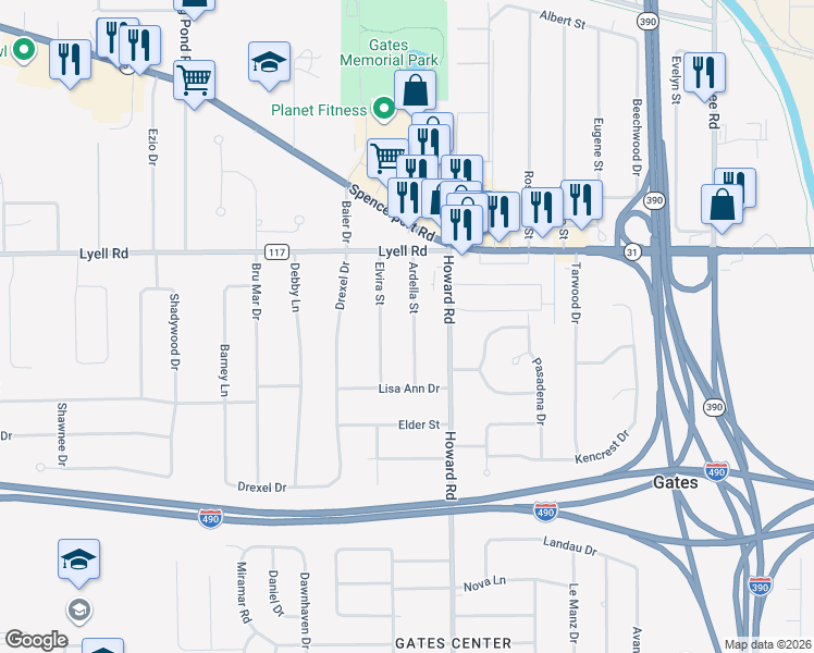 map of restaurants, bars, coffee shops, grocery stores, and more near 105 Ardella Street in Rochester