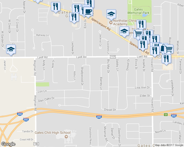map of restaurants, bars, coffee shops, grocery stores, and more near 49 Shadywood Drive in Rochester