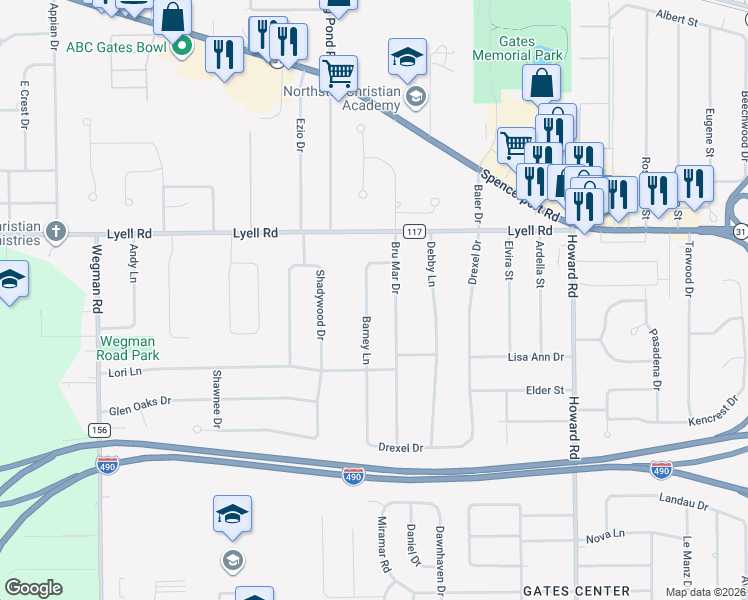 map of restaurants, bars, coffee shops, grocery stores, and more near 37 Barney Lane in Rochester