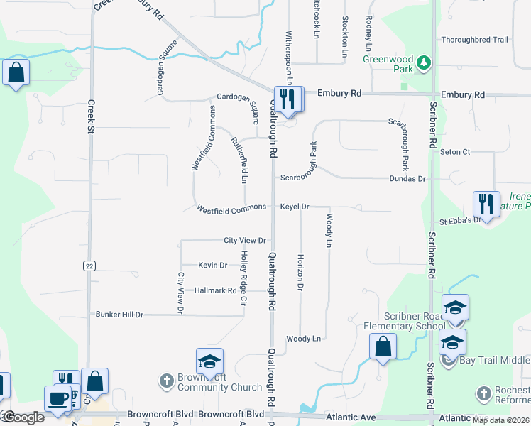 map of restaurants, bars, coffee shops, grocery stores, and more near 1 Westfield Commons in Rochester