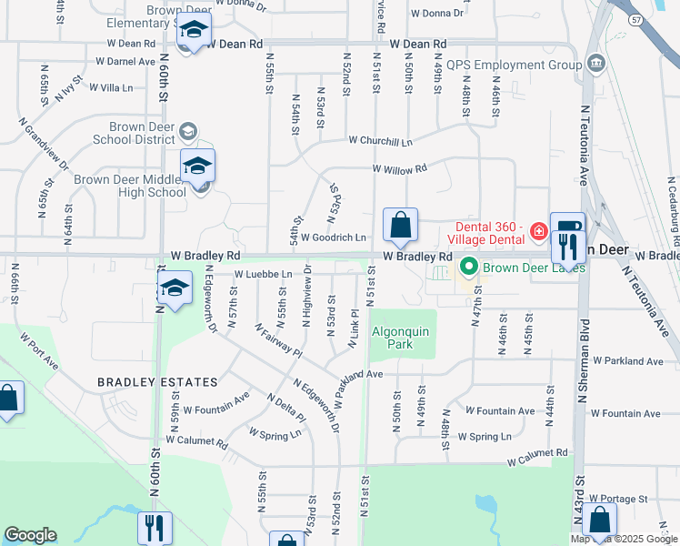 map of restaurants, bars, coffee shops, grocery stores, and more near 5224 West Luebbe Lane in Milwaukee