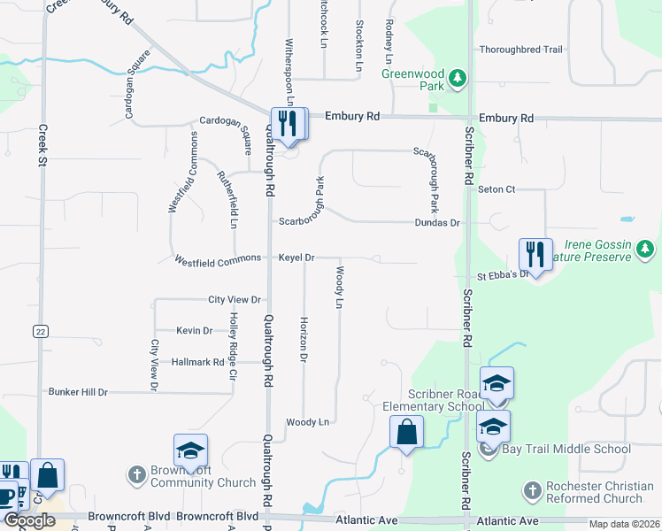 map of restaurants, bars, coffee shops, grocery stores, and more near 3 Woody Lane in Rochester