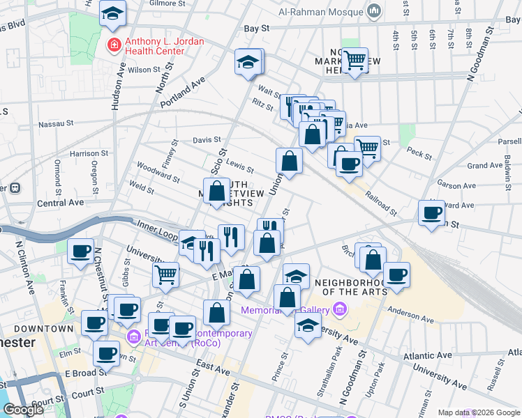 map of restaurants, bars, coffee shops, grocery stores, and more near 136 Woodward Street in Rochester