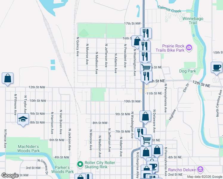 map of restaurants, bars, coffee shops, grocery stores, and more near 1111 North Jefferson Avenue in Mason City