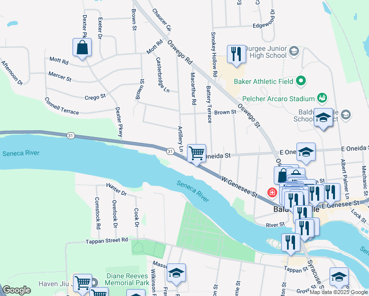 map of restaurants, bars, coffee shops, grocery stores, and more near 6 Artillery Ln in Baldwinsville