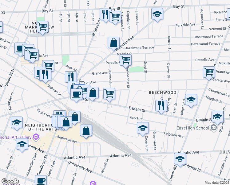 map of restaurants, bars, coffee shops, grocery stores, and more near 519 Hayward Avenue in Rochester