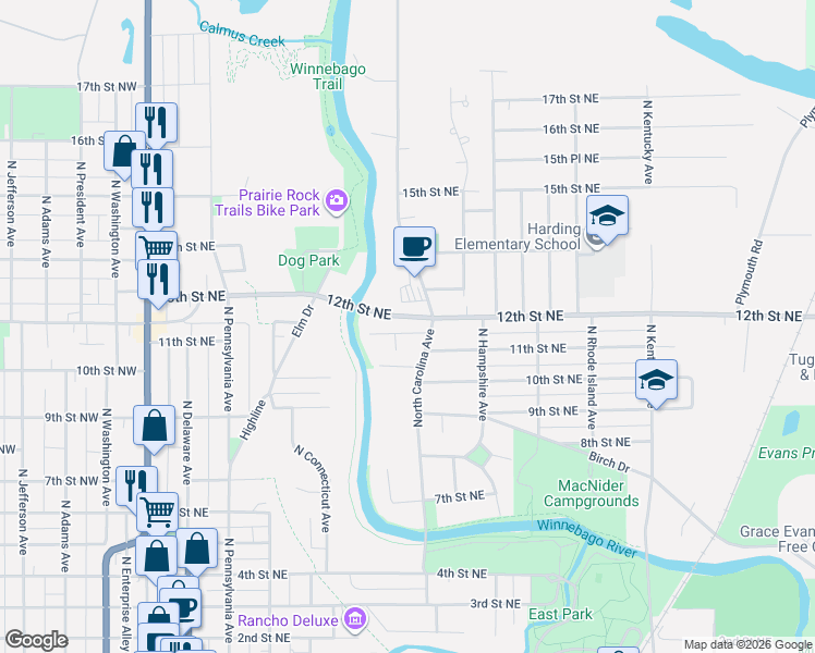 map of restaurants, bars, coffee shops, grocery stores, and more near 548-598 11th Street Northeast in Mason City