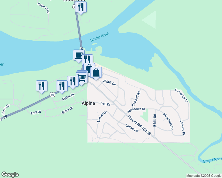 map of restaurants, bars, coffee shops, grocery stores, and more near 161 Parkway Drive in Alpine