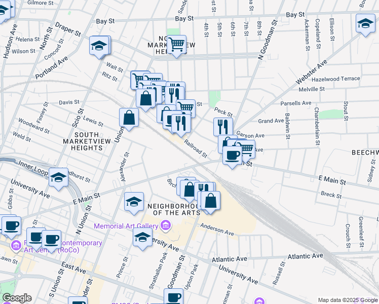map of restaurants, bars, coffee shops, grocery stores, and more near 55 Railroad Street in Rochester