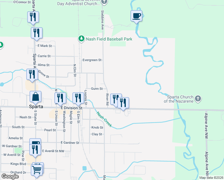 map of restaurants, bars, coffee shops, grocery stores, and more near 94 River Road in Sparta