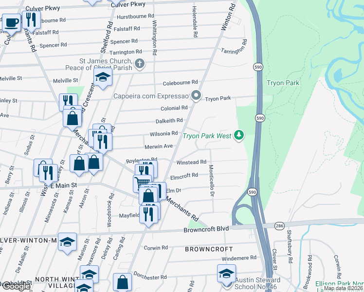 map of restaurants, bars, coffee shops, grocery stores, and more near 892 Winton Road North in Rochester