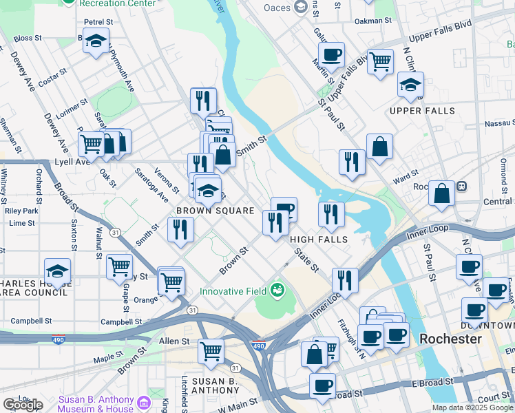 map of restaurants, bars, coffee shops, grocery stores, and more near 435 State Street in Rochester