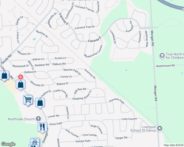 map of restaurants, bars, coffee shops, grocery stores, and more near 4241 Inverrary Drive in Liverpool