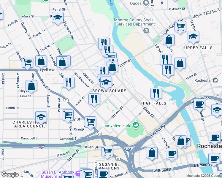 map of restaurants, bars, coffee shops, grocery stores, and more near 542 Plymouth Avenue in Rochester