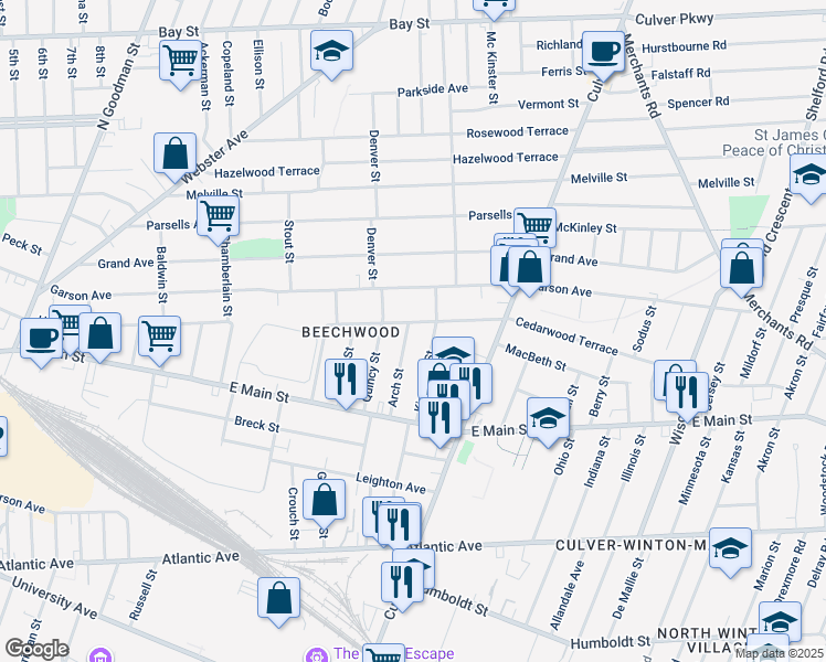 map of restaurants, bars, coffee shops, grocery stores, and more near 233 Cedarwood Terrace in Rochester