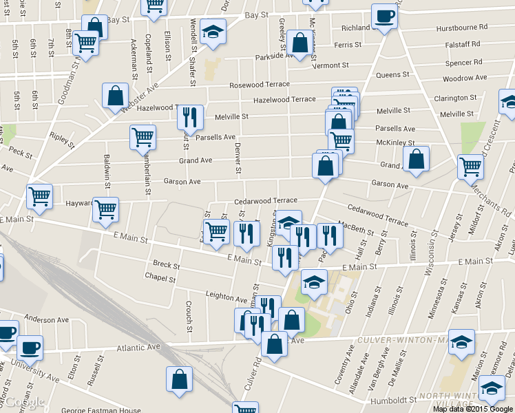 map of restaurants, bars, coffee shops, grocery stores, and more near 233 Cedarwood Terrace in Rochester
