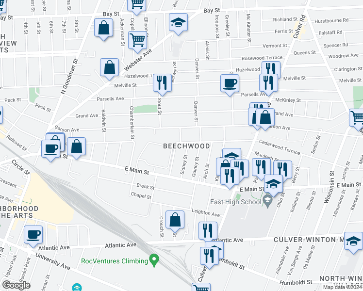 map of restaurants, bars, coffee shops, grocery stores, and more near 125 Cedarwood Terrace in Rochester