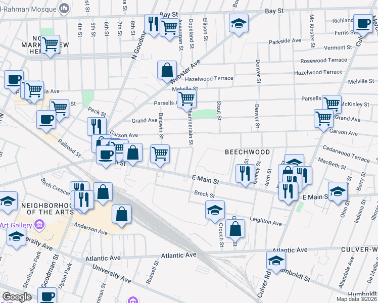 map of restaurants, bars, coffee shops, grocery stores, and more near 575 Hayward Avenue in Rochester