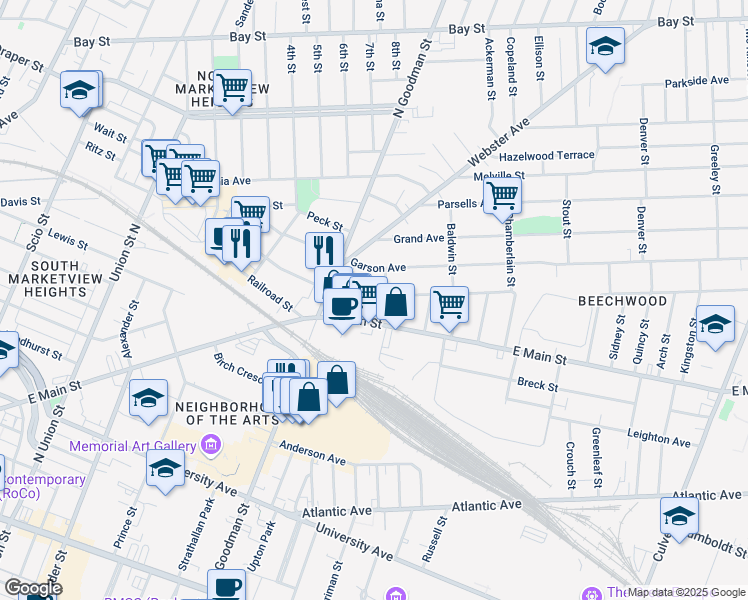 map of restaurants, bars, coffee shops, grocery stores, and more near 355 Hayward Avenue in Rochester