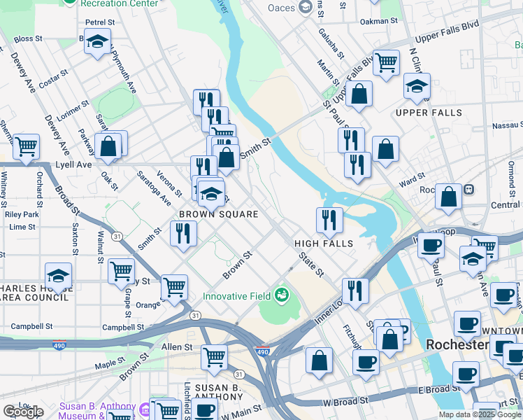 map of restaurants, bars, coffee shops, grocery stores, and more near 426 State Street in Rochester