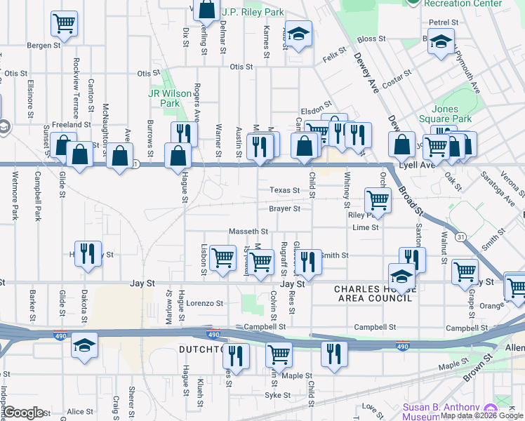 map of restaurants, bars, coffee shops, grocery stores, and more near 89 Brayer Street in Rochester