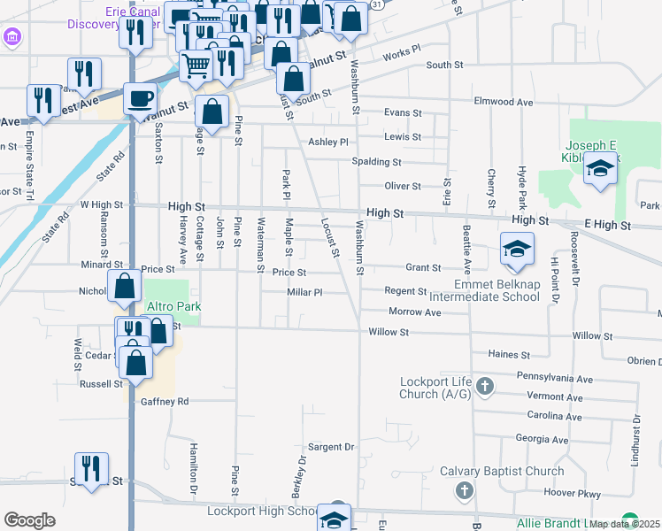 map of restaurants, bars, coffee shops, grocery stores, and more near 292 Locust Street in Lockport