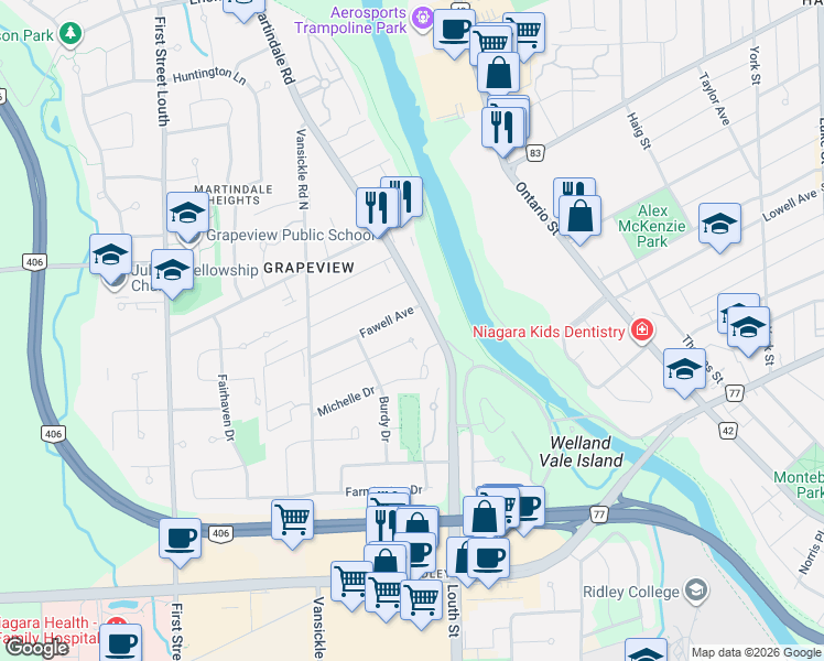 map of restaurants, bars, coffee shops, grocery stores, and more near 31 Coronation Boulevard in St. Catharines