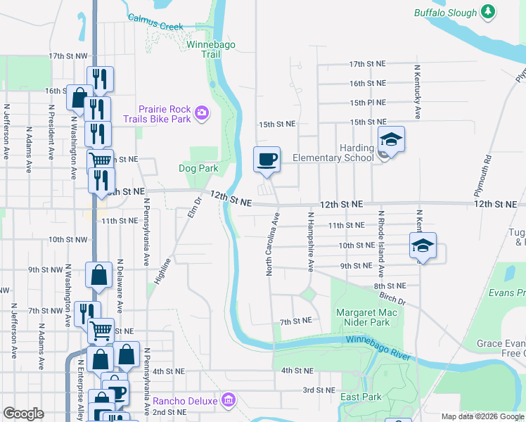 map of restaurants, bars, coffee shops, grocery stores, and more near 548-598 11th Street Northeast in Mason City
