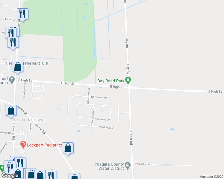 map of restaurants, bars, coffee shops, grocery stores, and more near 6868 East High Street in Lockport