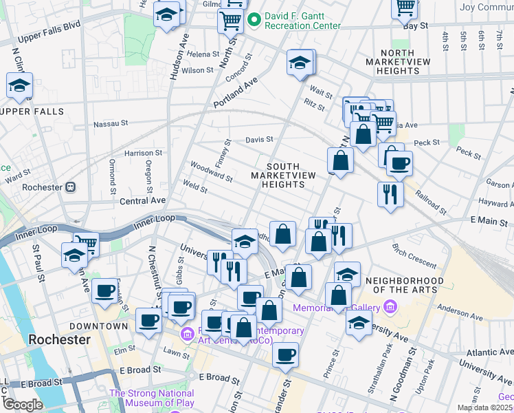 map of restaurants, bars, coffee shops, grocery stores, and more near 318 Scio Street in Rochester