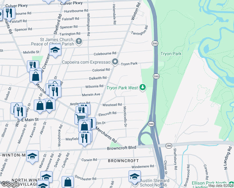 map of restaurants, bars, coffee shops, grocery stores, and more near 100 Edmonton Road in Rochester