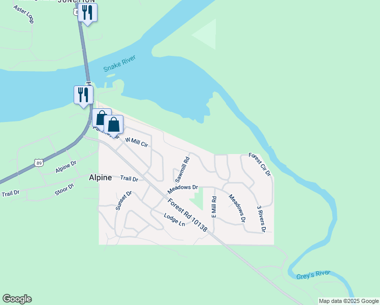 map of restaurants, bars, coffee shops, grocery stores, and more near Wooden Spur Drive in Alpine