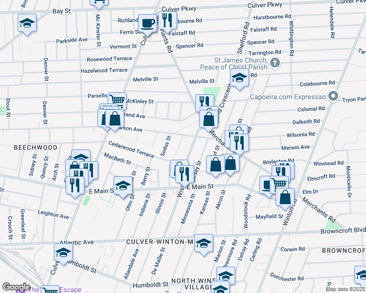 map of restaurants, bars, coffee shops, grocery stores, and more near 56 Schanck Avenue in Rochester