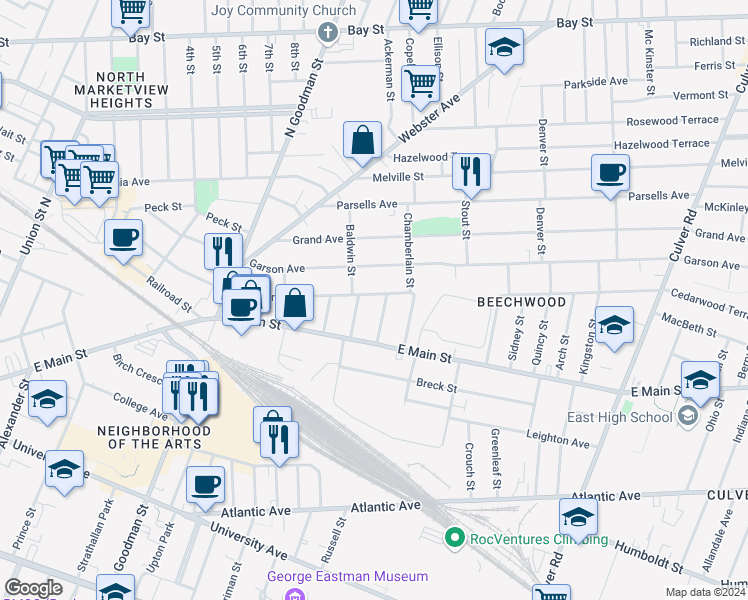map of restaurants, bars, coffee shops, grocery stores, and more near 519 Hayward Avenue in Rochester