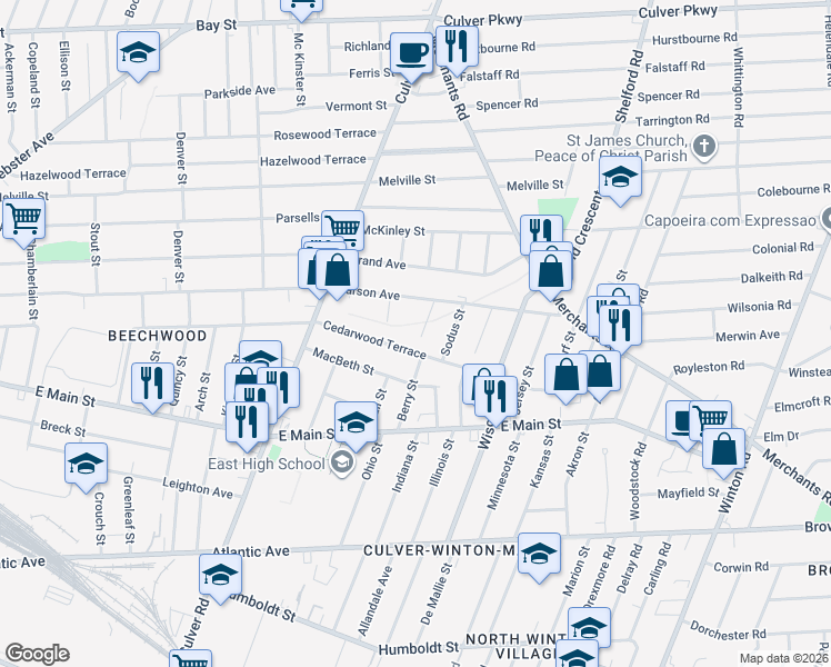 map of restaurants, bars, coffee shops, grocery stores, and more near 49 Alvord Street in Rochester